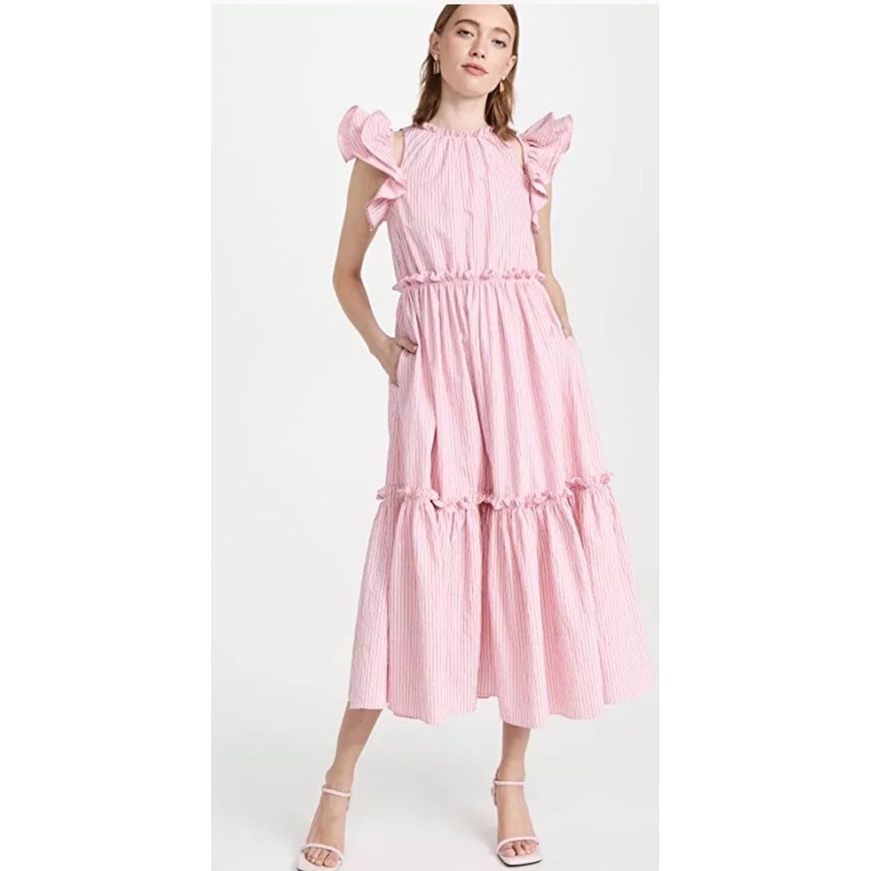 5 7 Cinq Sept Sofia Stripe Yanin Midi Dress Pink Ruffle Sleeve Sz 0 R$445